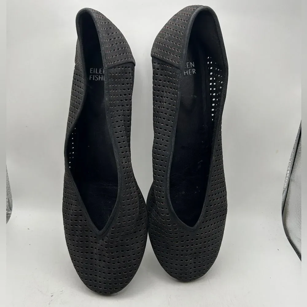 Eileen Fisher Humor Suede Ballet Flats Slip-On Black 9 1/2 perforated leather - Picture 7 of 12